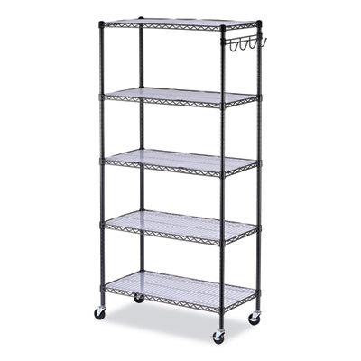 5-Shelf Wire Shelving Kit With Casters And Shelf Liners, 36w X 18d X 72h, Black Anthracite